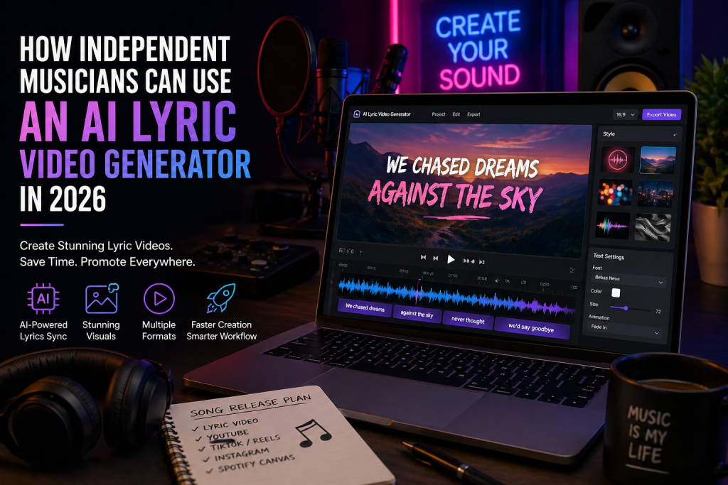 AI lyric video generator on laptop creating synchronized music visuals for independent musicians