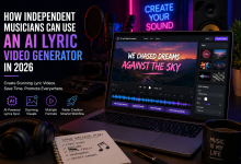 AI lyric video generator on laptop creating synchronized music visuals for independent musicians