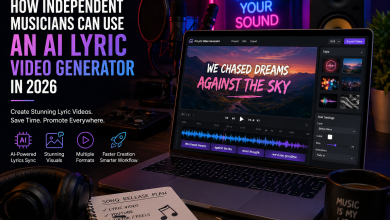 AI lyric video generator on laptop creating synchronized music visuals for independent musicians