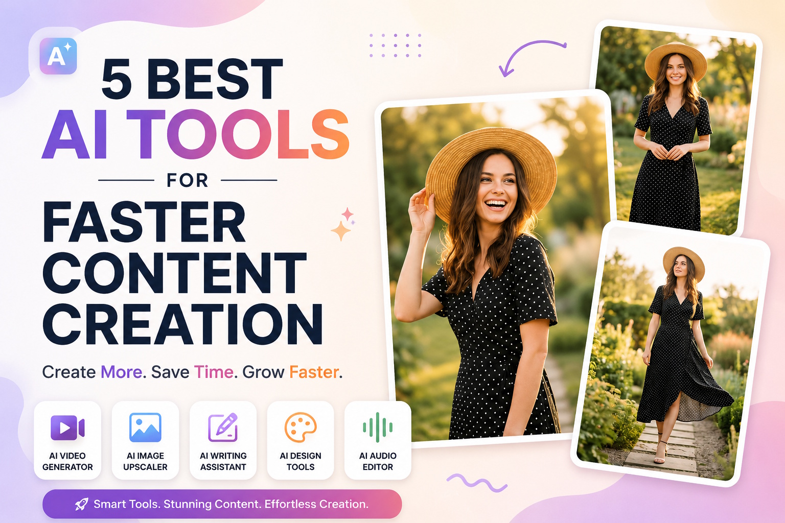 Best AI tools for faster content creation including Jasper AI, Canva Magic Studio, Descript, and PhotoEditorAI