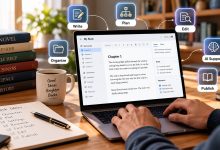 Writer choosing book writing software on a laptop with a manuscript and writing notes on a desk.