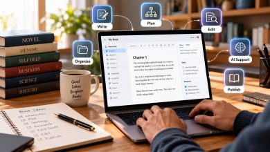 Writer choosing book writing software on a laptop with a manuscript and writing notes on a desk.