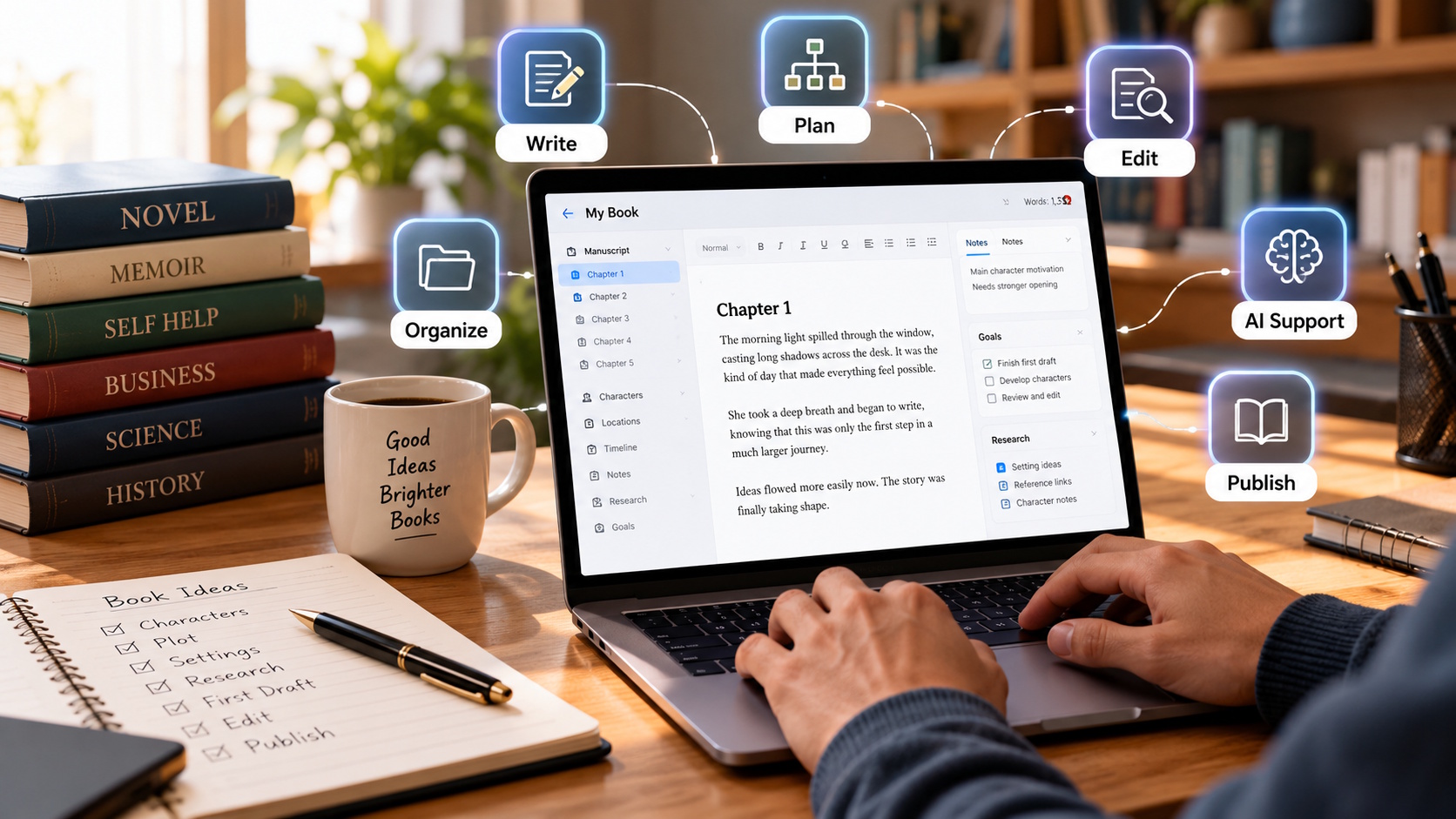Writer choosing book writing software on a laptop with a manuscript and writing notes on a desk.