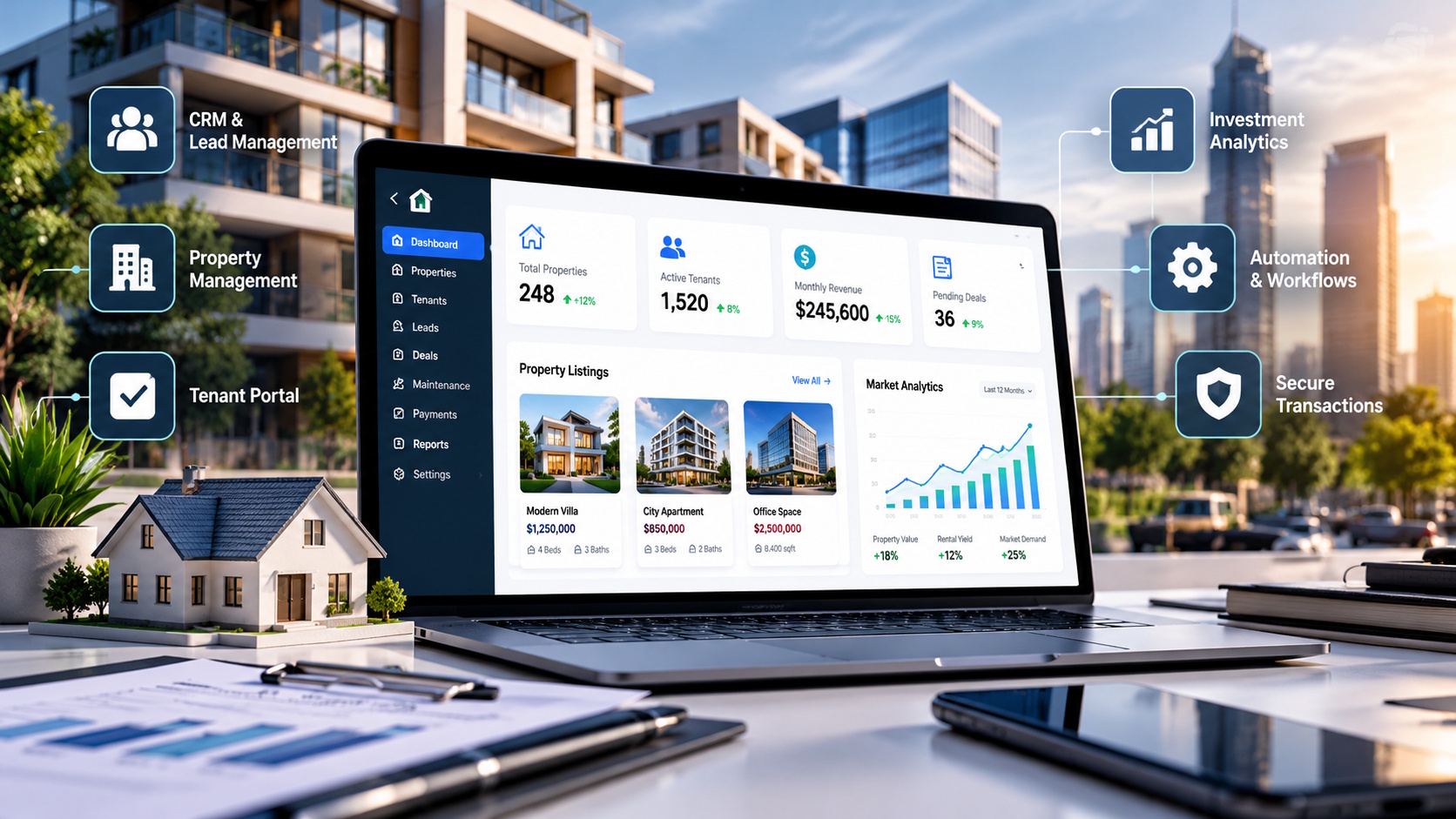 Custom real estate software dashboard for property management, CRM, and investment analytics